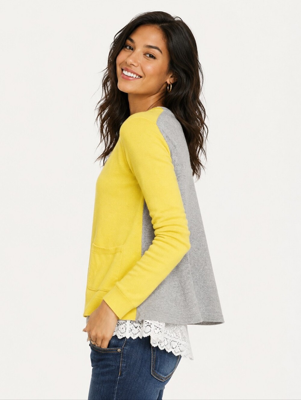 CAbi Belle Yellow Button-Front Cardigan with Gray Trim